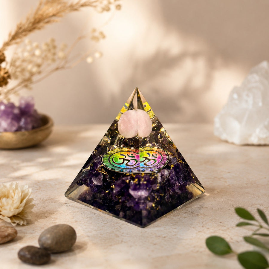 Amethyst Pyramid with Rose Quartz Ball